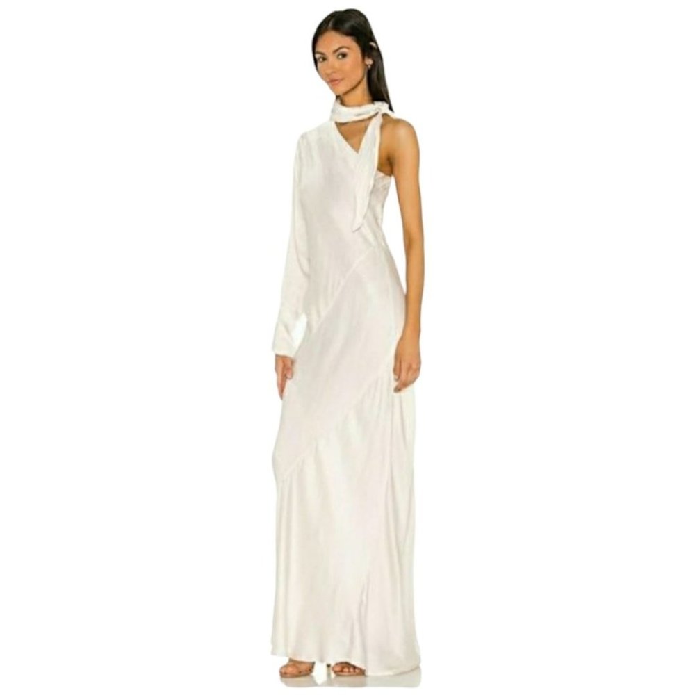 Young Fabulous & Broke Febe Satin Maxi Dress REVOLVE White One Arm Neck Scark XS